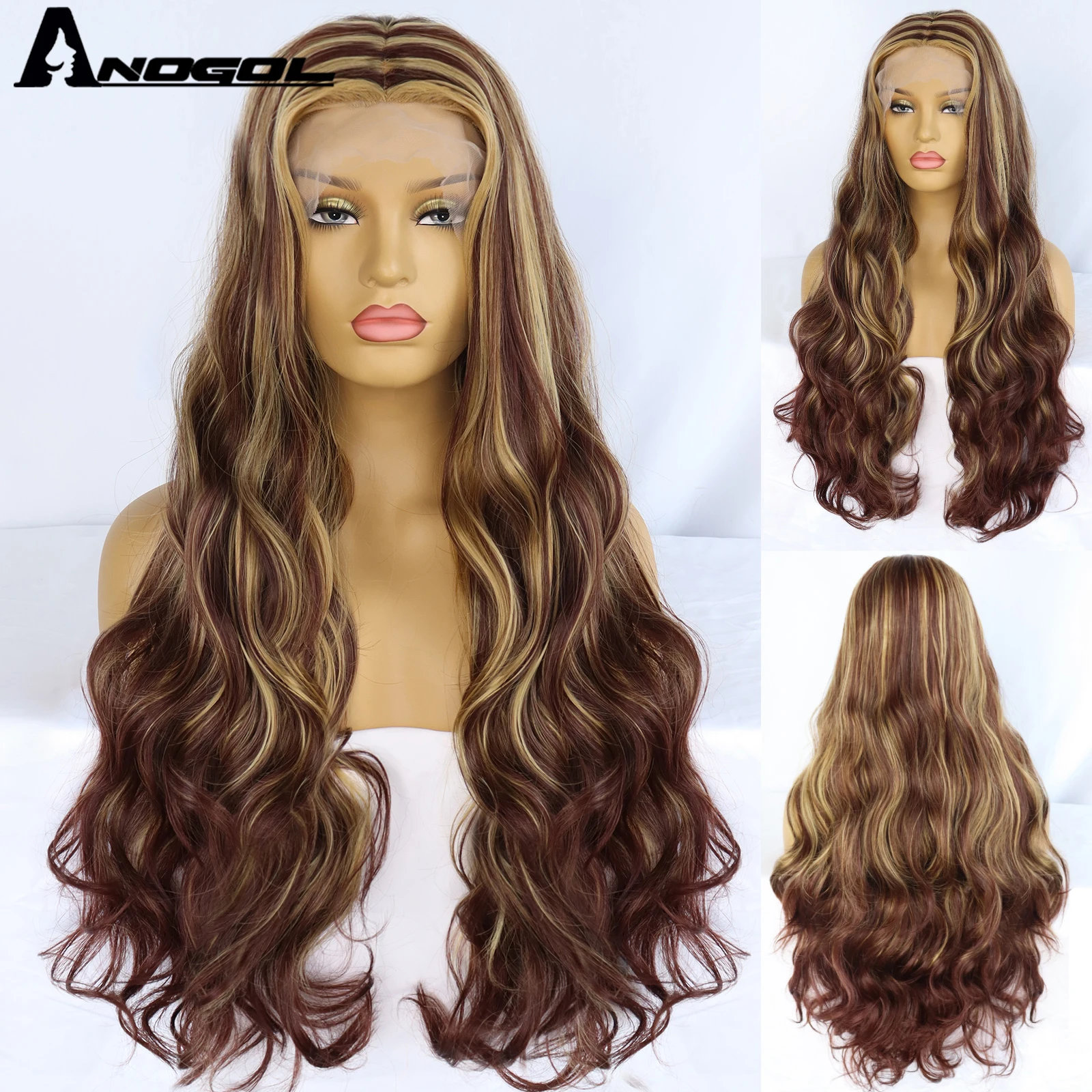 

ANOGOL Synthetic Gradient Brown TPart Lace Wig 30inch Natural Long Body Waves Highlighting Blonde Wig for Black Women Brazilians
