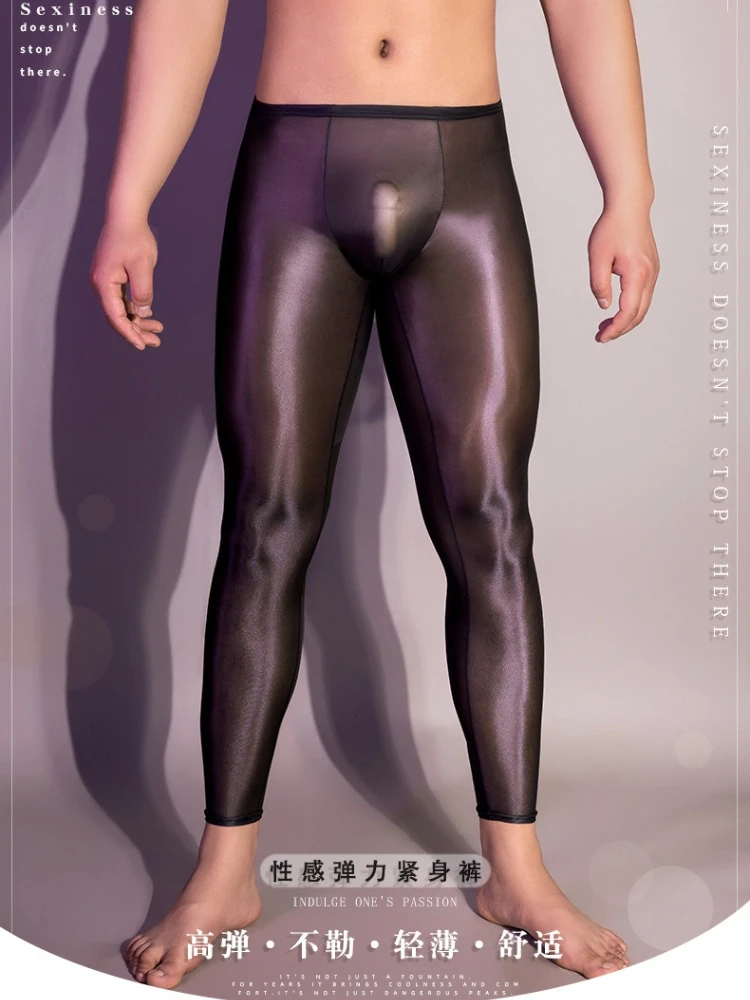 Pantaloni a matita attillati lucidi a olio elastico da uomo sexy che modellano legging ultra sottile vedere attraverso la biancheria pigiama pantaloni esotici traspiranti