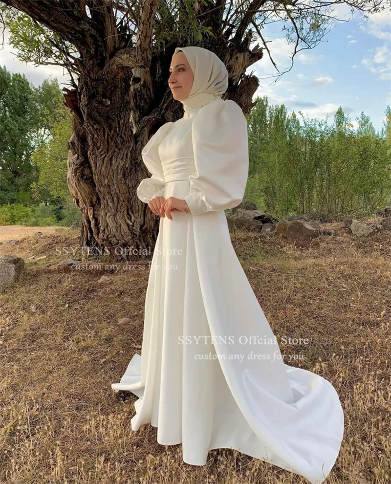 Ssytens alta qualidade marfim vestidos de casamento manga puff cetim civil vestidos de noiva personalizado vestido de noiva muçulmano robe de mariée