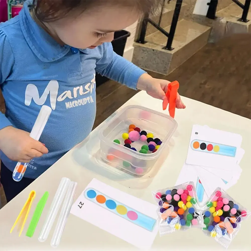 109Pcs Children\'s Educational Toy Test Tube Pompoms Tweezers Color Matching Card Fine Movement Sorting Set Montessori  Gift