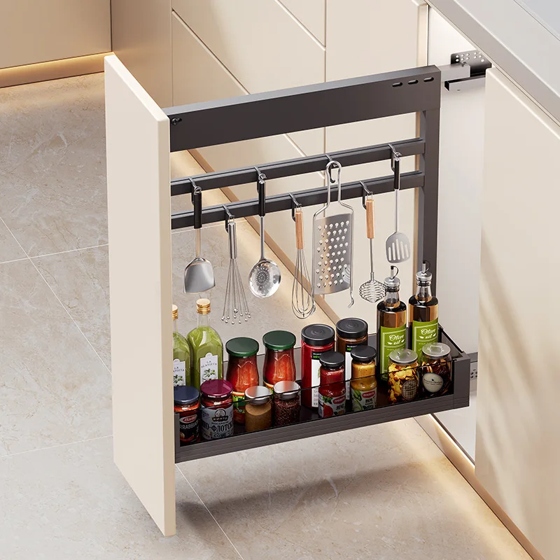 Kitchen Cabinet Aluminum Alloy Side Installation Seasoning Basket Open Door Drawer Type Side Hanging Storage Seasoning Shelf Dam