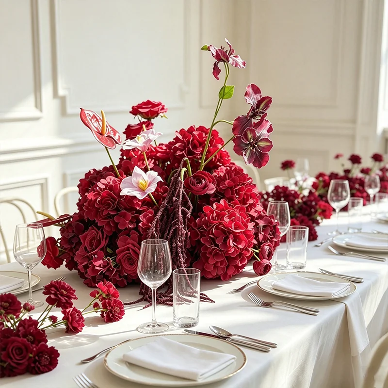 Burgunderrotes Anthurium Künstliche Blume Dunkelrote Rose Blumenarrangement Hochzeitstisch Bodenblume Party-Hintergrund Gang Bühnendekoration – Detail 7