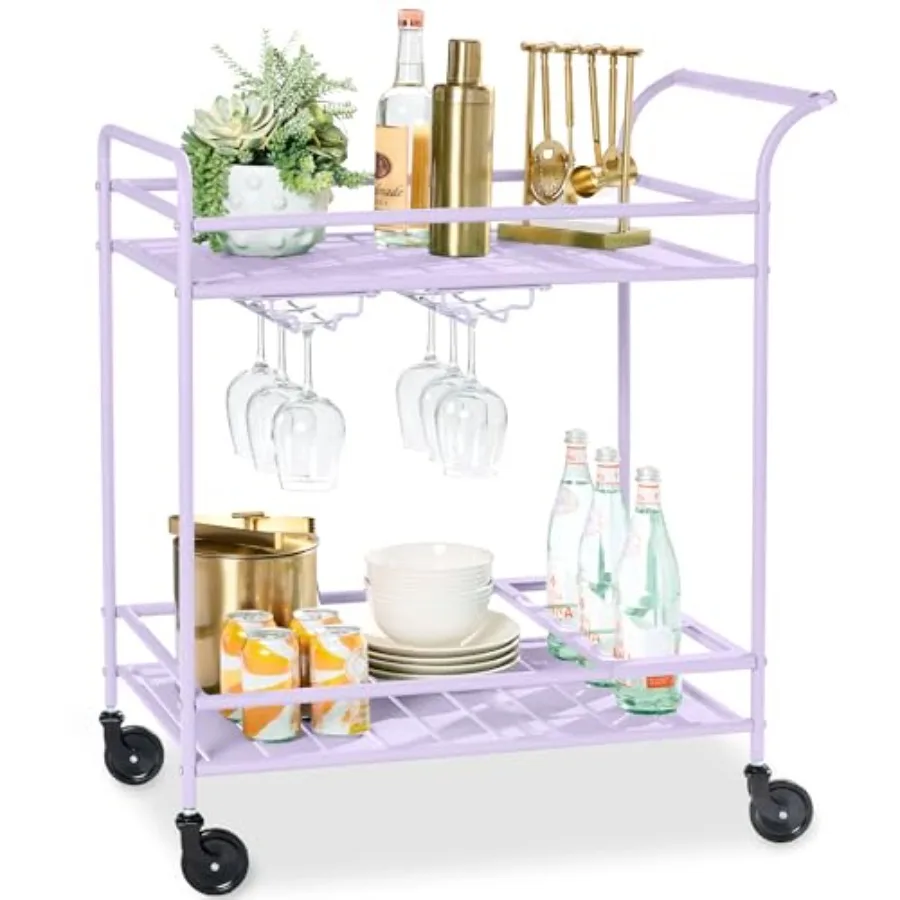

Rolling Bar Cart Mobile Home Bar Serving Cart Serving Station w/ 2 Tier Shelves Wine Rack Lockable Wheels - Lavender