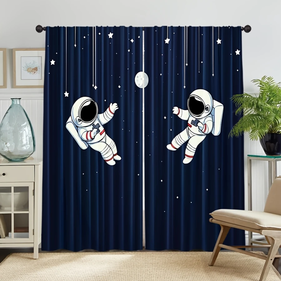 2PCS Digital Printed Curtains, Space Explorer Astronaut Starry Sky, Four Season Polyester for Kitchen Laundry Bedroom Study