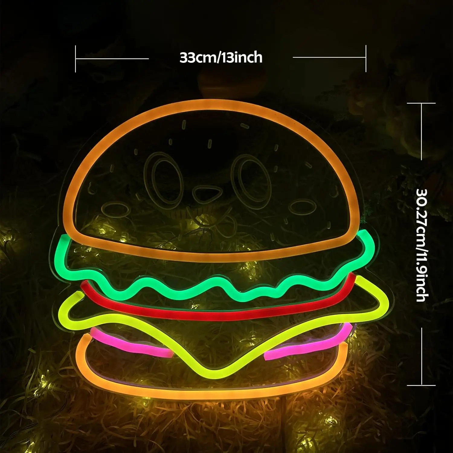 Hamburger Neon Sign Smiling Face Design LED Neon Light for Wall Decor USB Powered for Home Restauran Burger Shop Bar Decoration