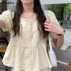 Gömlek Kadın Zarif Tatlı Tiki Tarzı Sevimli Yaz Üstleri Kısa Puf Kollu Yeni Varış Şık Kore Camisas Mujer Vintage Saf