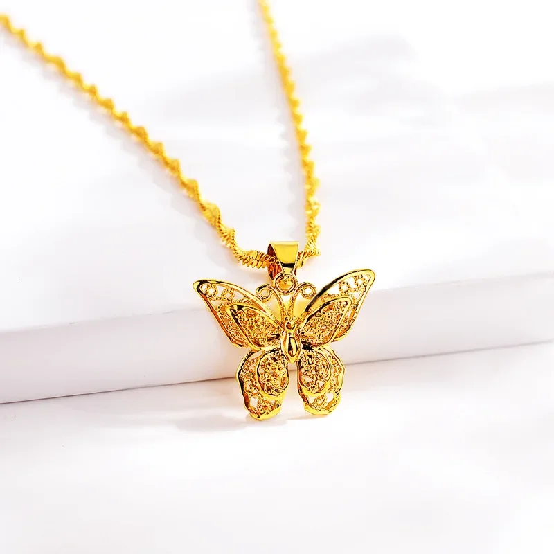 Noble 9999 24K real gold Chinese style gold necklace filigree ancient butterfly festive small pendant pure gold sweater necklace