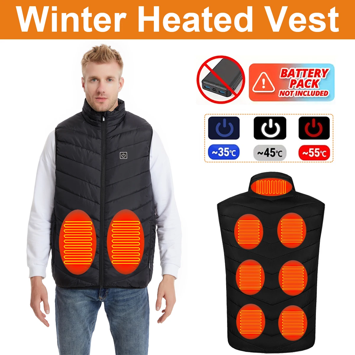 Heated Vest, Men's and Women's Winter Warmer Vest, Smart USB Heated Vest with 9 Carbon Fiber Heating Pads, 3 Temperature Levels