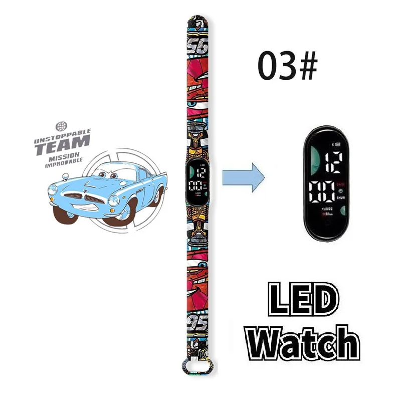 Disney Children\'s Digital Watch Cars Anime Figure Lightning McQueen LED Touch Waterproof Electronic Kids Birthday Gifts Watch
