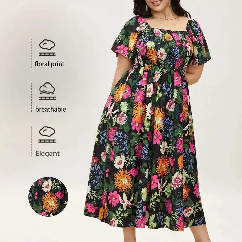 

2025 Summer New Dress Square Neck Plus Size Loose Long Dress High Waist Printed Short Sleeve Long Dress Elegantes Casual Y2k
