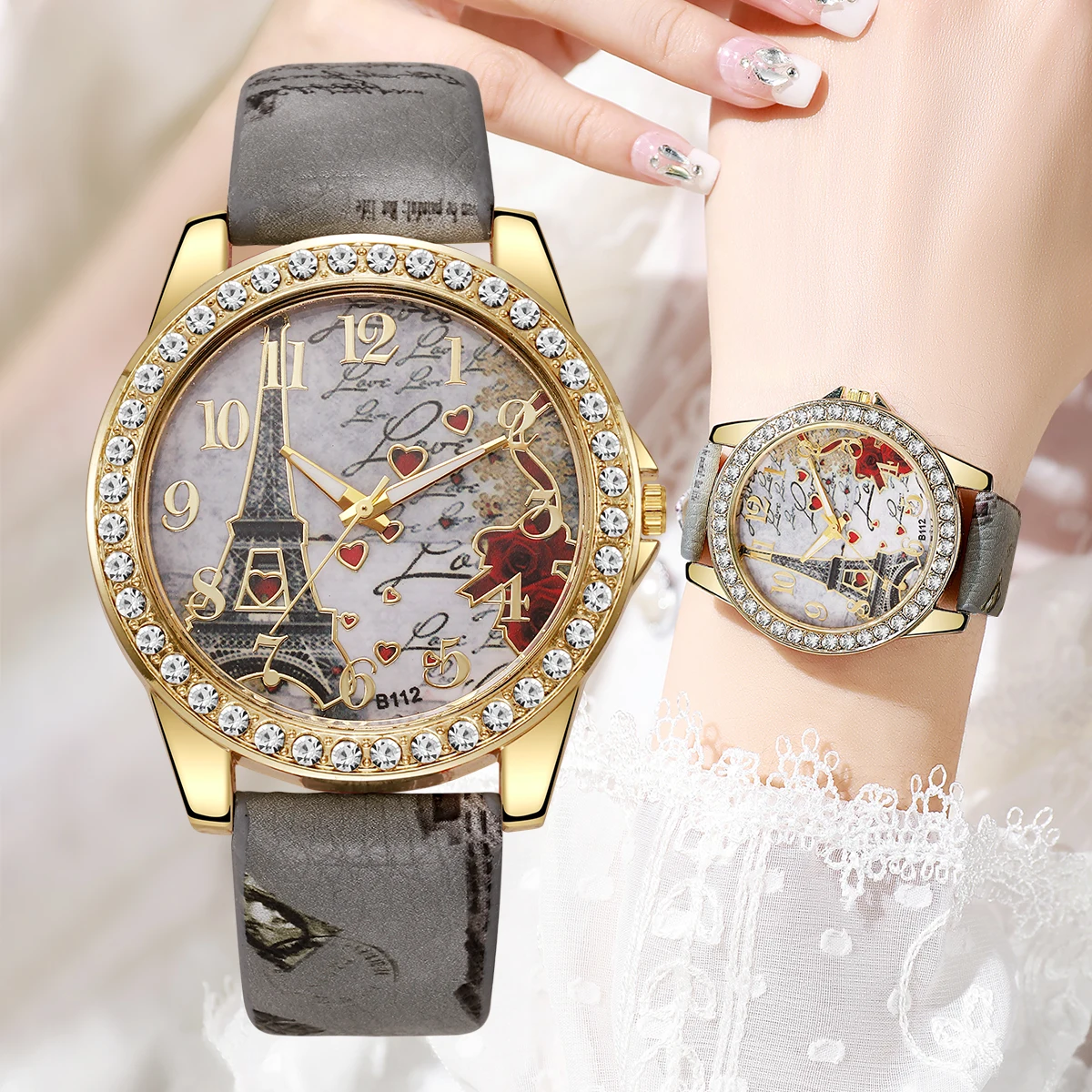 Fashion Flowers Women Watches Ladies Leather Strap Analog Quartz Watch Reloj Mujer Girls Clock Gift
