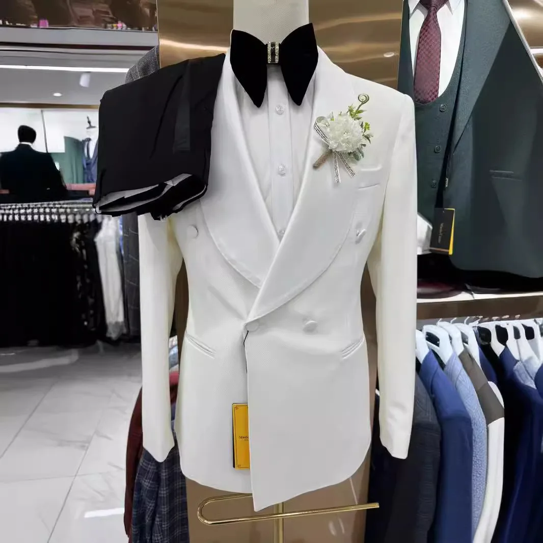 Man's Suit Elegant Set Luxury Clothing Designer Boyfriend Slim Fit Male Blazer Wedding Ceremony Dress Ivory Jacket Black Pants - view 2