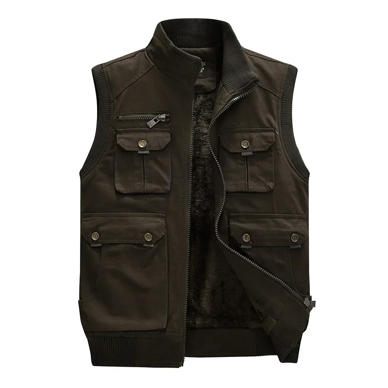 2024 Men\'s Fleece Vest Military Tactical Multi Pockets Travel Sleeveless Top Jacket Male Work Wear Winter Warm Waistcoat Black