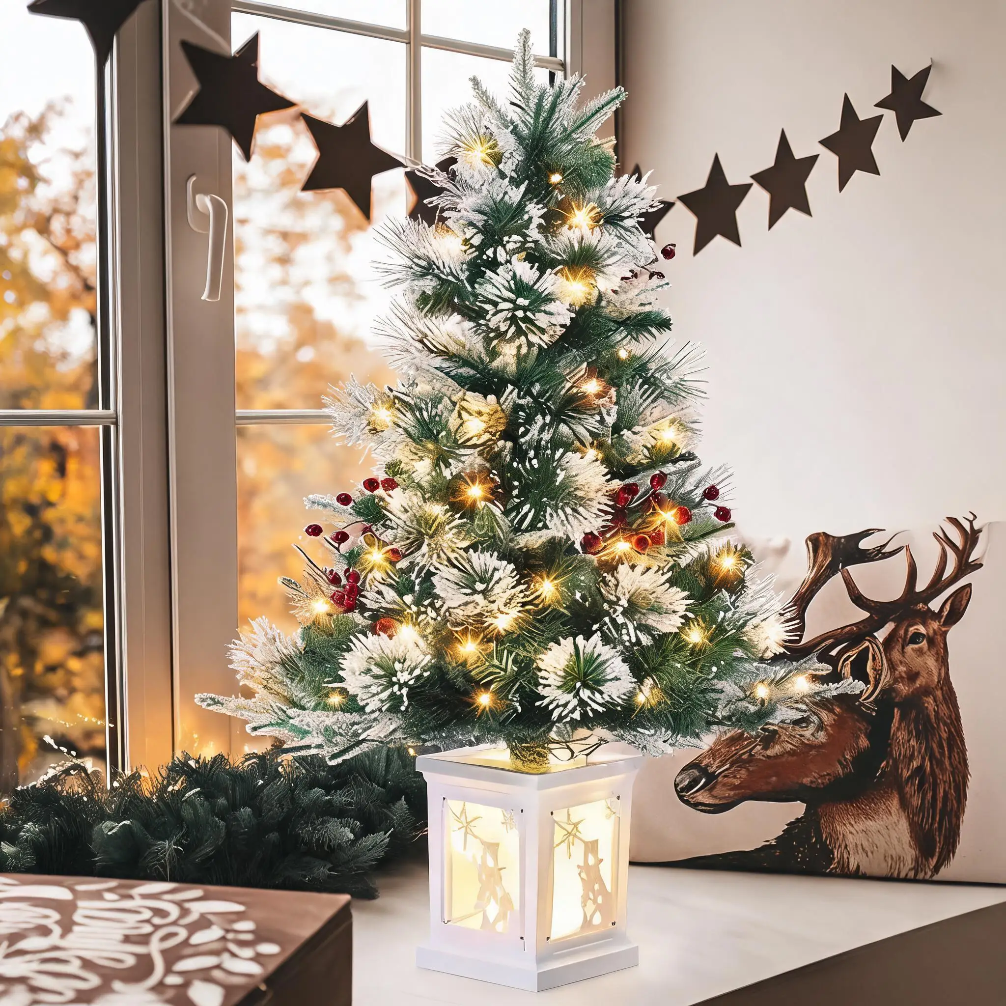 Pre-Lit Flocked Artificial Christmas Tree, 3ft H Imitation Fiber Optic Light Tree, 78 Warm White Led Lights, 8-Mode Battery Box, Snowflake Light Box