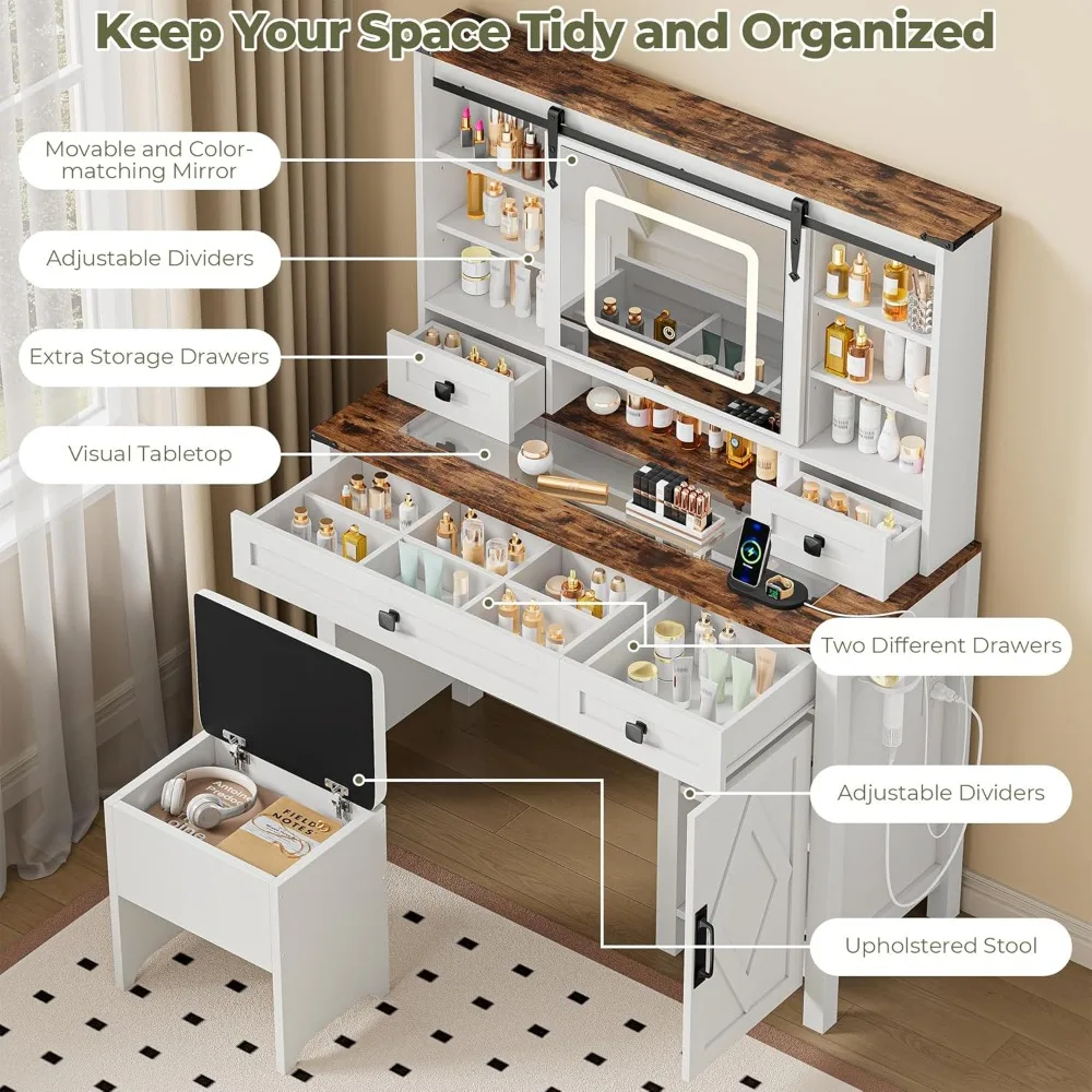 طاولة زينة للمكياج مع مرآة منزلقة، 3 ألوان إضاءة، مخرج طاقة، مكتب حديث على طراز المزرعة