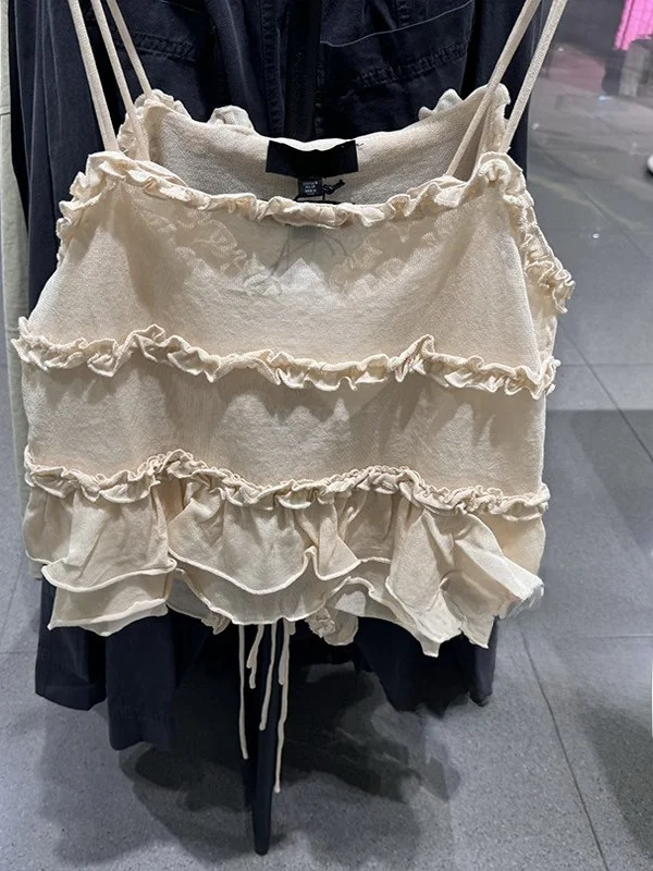 Summer New Sweet Pure Desire Sle V-Ne Knitted Strap Top with Lace Trim ort Length Women's Vest Tops Faion 2025
