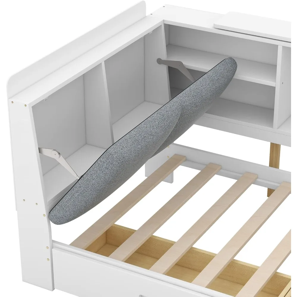 سرير بمنصة مزدوجة بتصميمات Harper & Bright مع لوح رأسي للتخزين، وأرفف ودرجين، وإطار سرير تخزين خشبي مزدوج مع شكل L #5