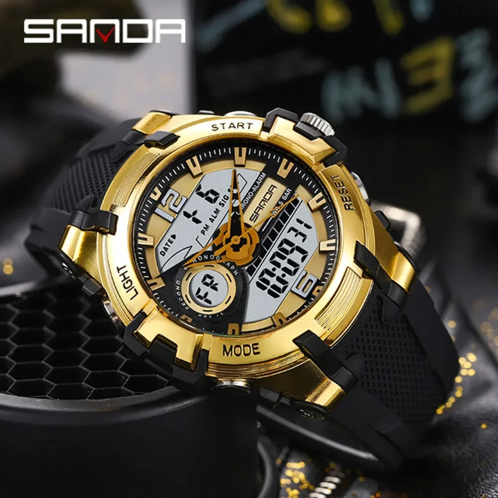 2024 Sanda Top Brand 6015 Dual Display Wrist Watch Men Watches Male For Clock Military Sport Wristwatch Outdoor Waterproof Hour