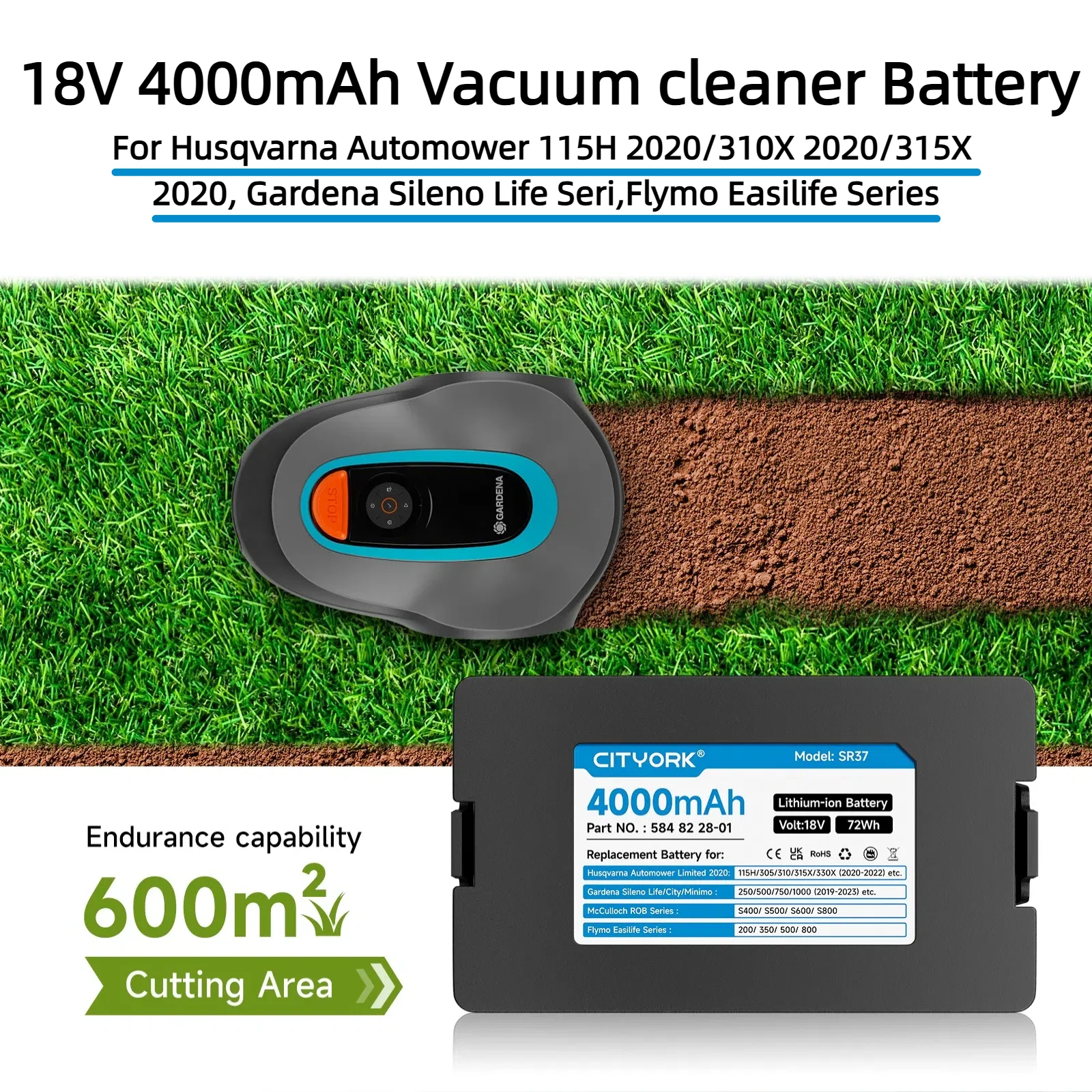 

4000mAh For Husqvarna Automowe 115H 2020/310X 2020/315X 2020,Gardena Sileno Serie,McCulloch ROB Series Vacuum Cleaner Battery
