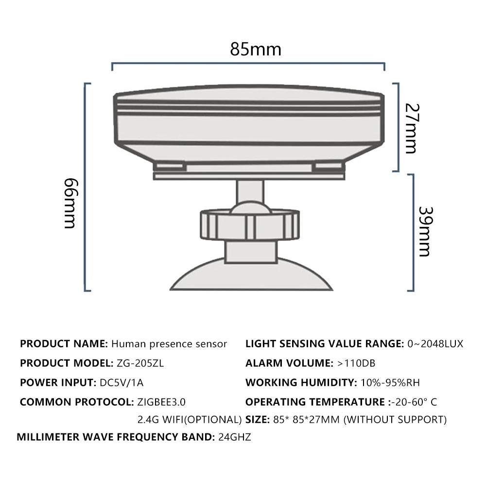 DC5V ZigBee /Wifi Human Presence Sensor 5V MMwave 24G Radar With Siren Alarm Motion Lux Detection Smart Life Home Automation