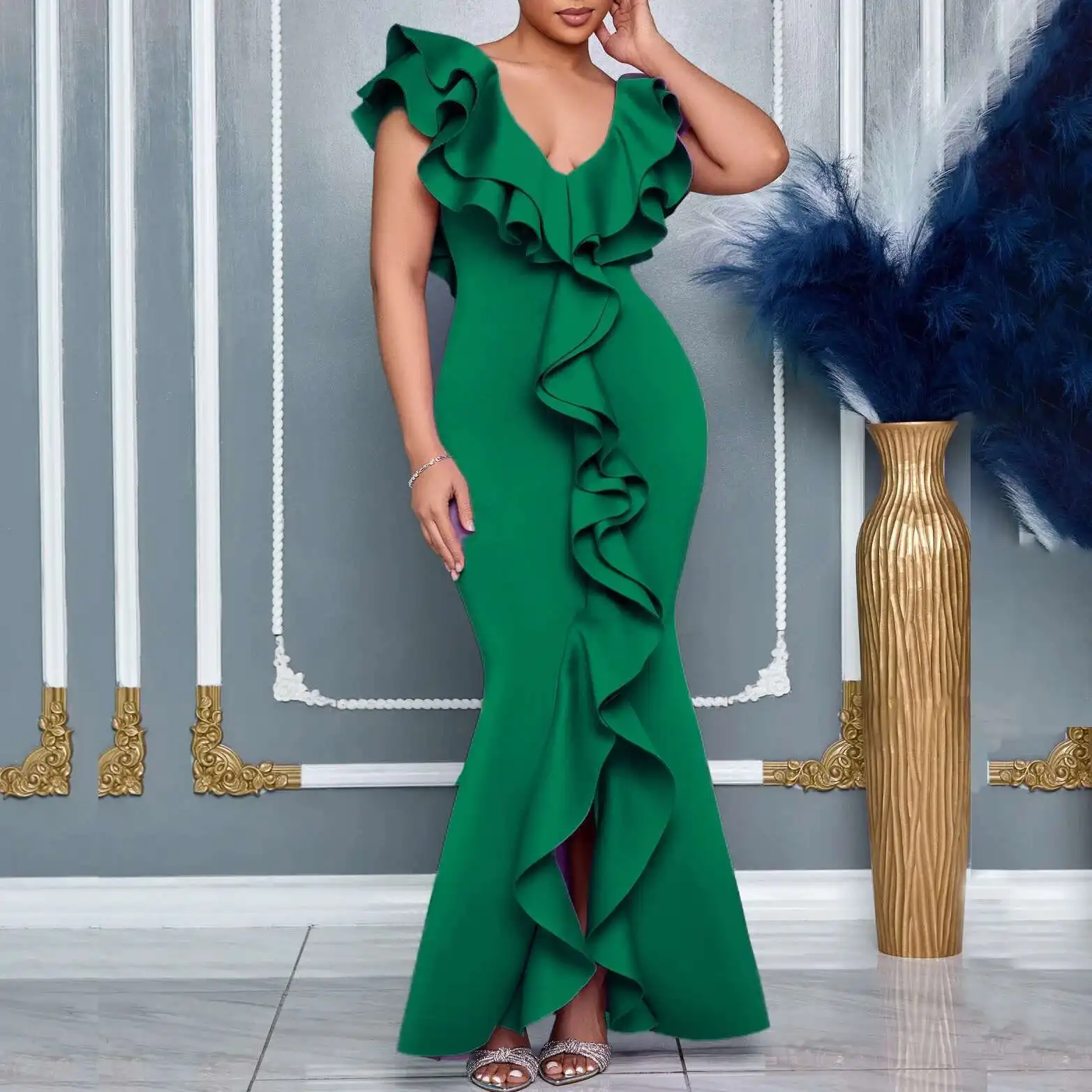 

C8634 Fashion Women's Summer Dress Solid Color V-neck Ruffle Split Mermaid Long Dress 2025 Summer Dress Robe Vestido Women