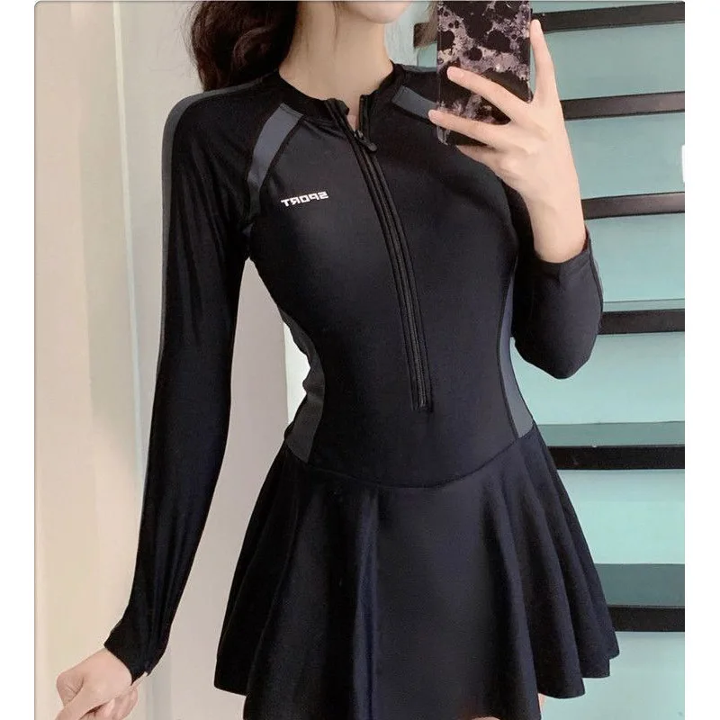 Long Sleeve Zipper One-piece Skirt Swimsuit Women Conservative Thin Slightly Fat Sexy Black Exclusive Swimming Pool Swimwear