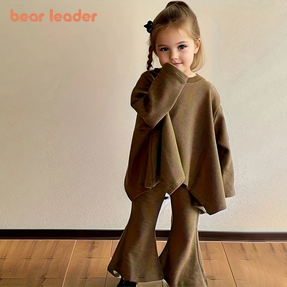 Bear Leader Children\'s Set 2023 Autumn New Girls\' Solid Loose Round Neck Cape Top Flare Pants 2 Piece Set Children\'s Fashion Set