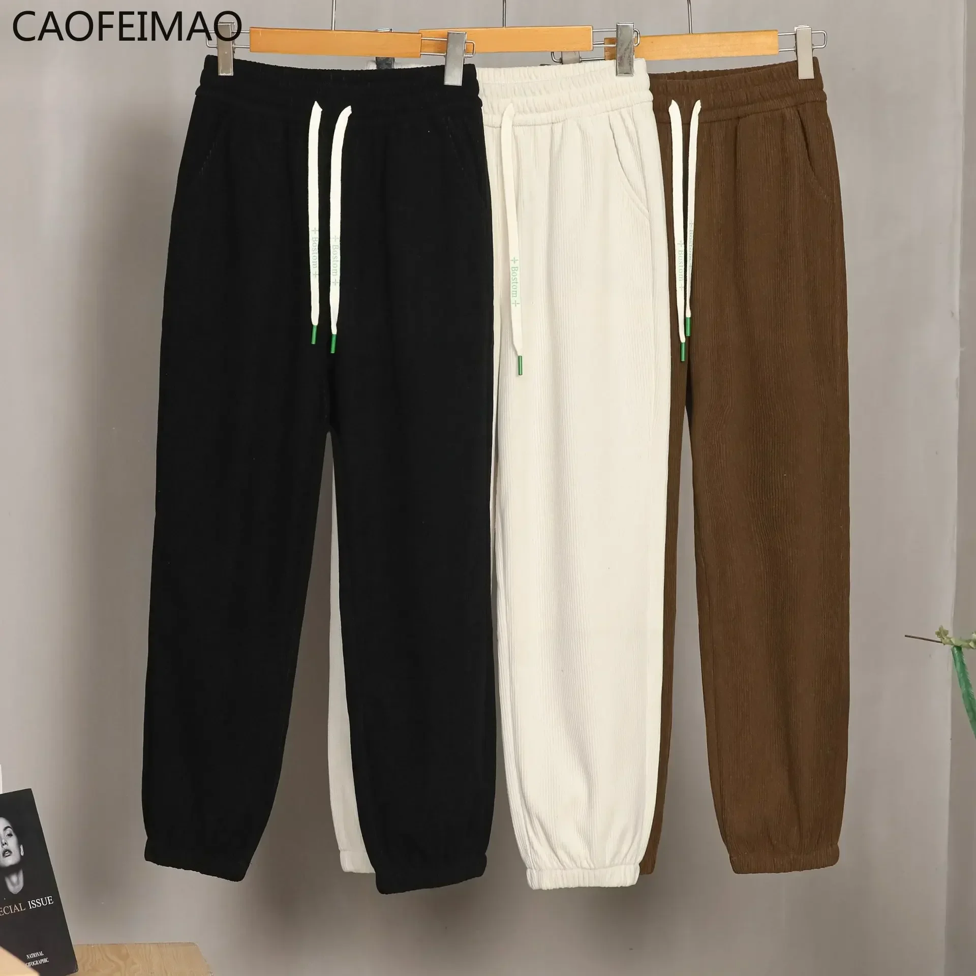 Women's Spring and Autumn New High Waist Loose Large Size Show Thin Sanitary Pants Corduroy Bundle Foot Casual Pants Tide