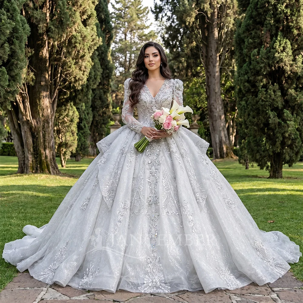 

Customized Elegant Organza Bride Dress with Long Sleeves Beaded Ball Gown Bridal Gown Court Train Lace Up Back свадебно