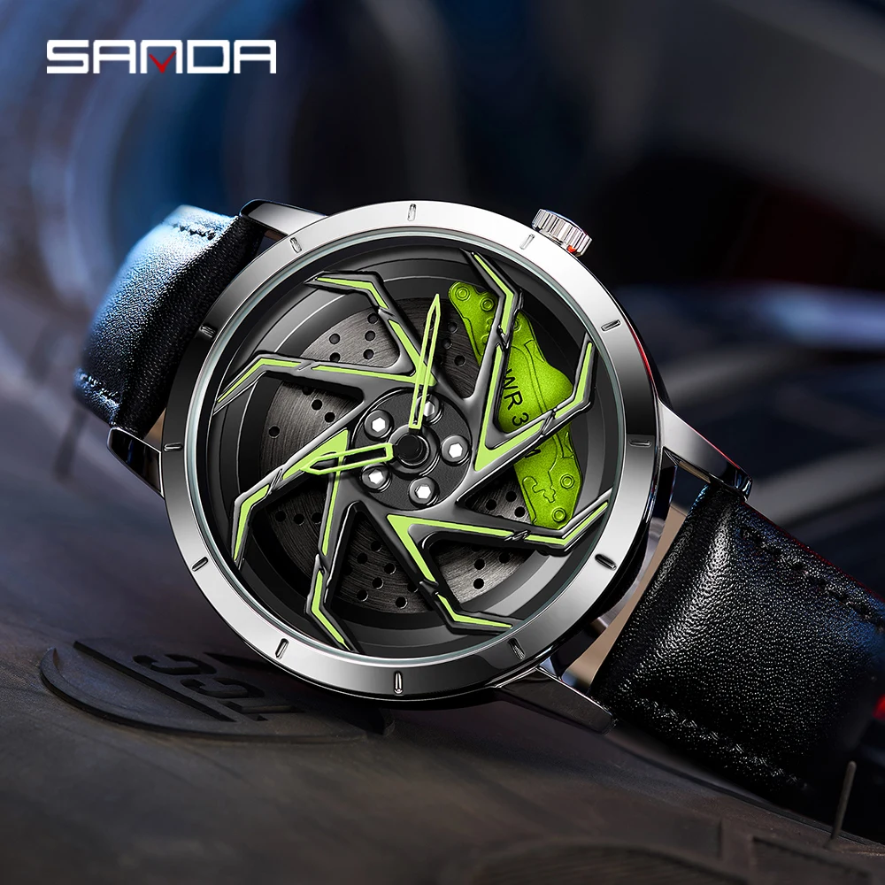 SANDA New Fashion Hot Sell Men\'s Watch 360 Degree Rotating Wheel Rim Dial Leather Strap Waterproof Sport Quartz Watch Tide Clock