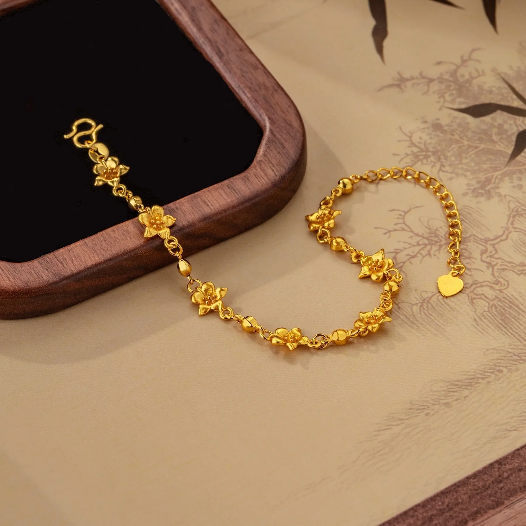 Luxury 24K 9999 Pure Gold real gold Peach Blossom Transfer Beads Bracelet Women's Clavicle Chain