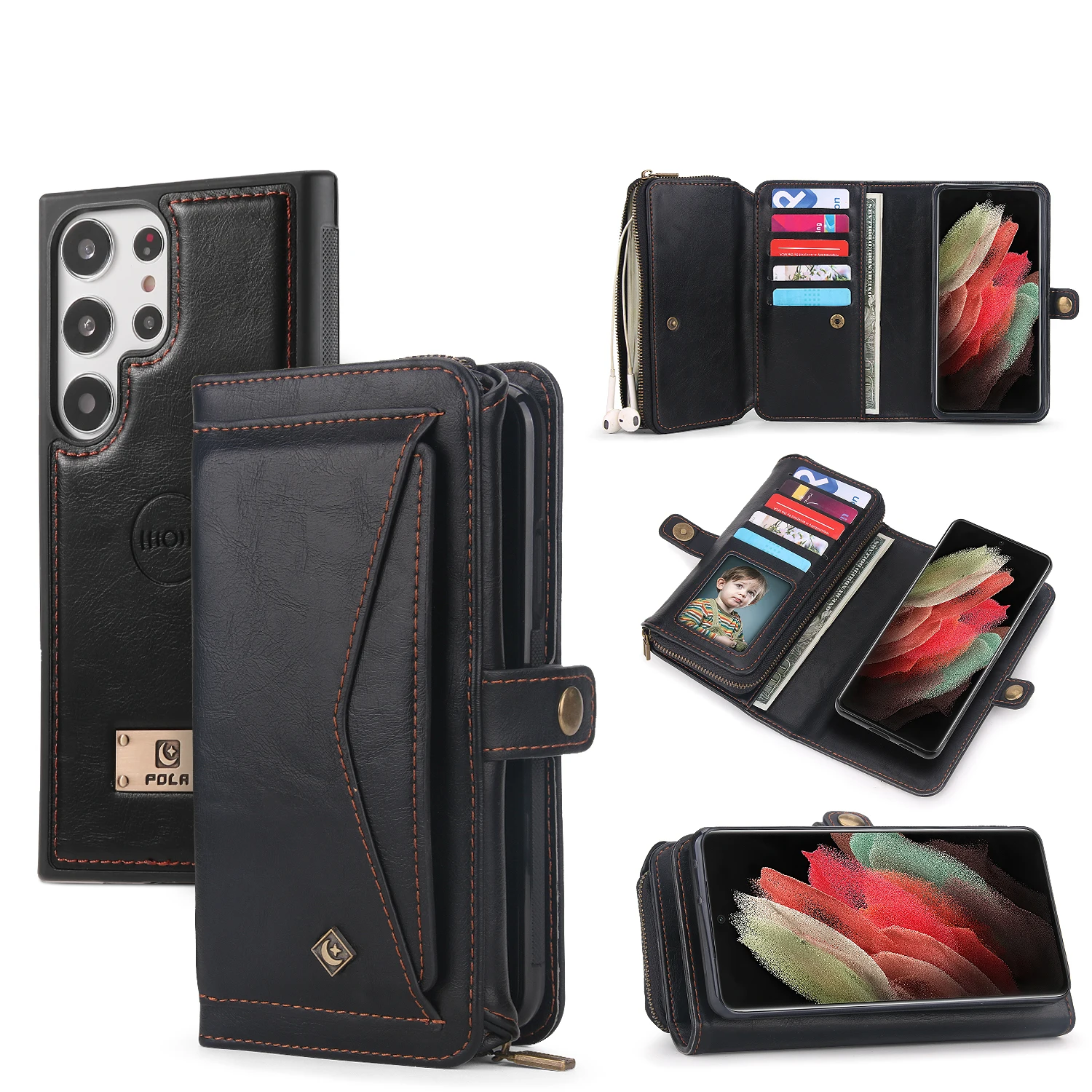 

POLA Phone Case For Samsung Galaxy S23 Ultra S22 Plus S21 S20 Multifunction Zipper Business Leather Magnetic Wallet Split Cover