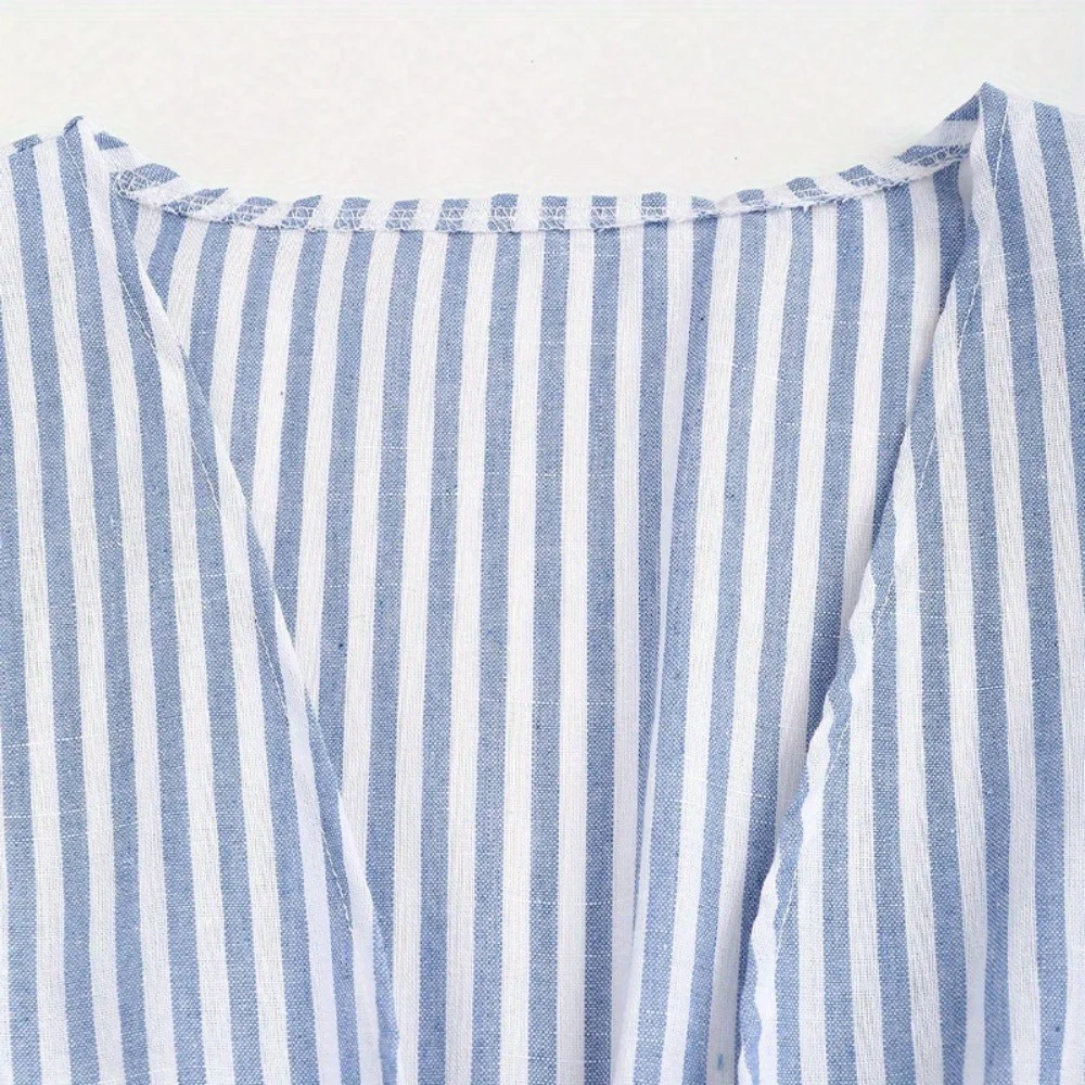 Autumn Women's Striped Tie Front Bell Sleeve Blouse Deep V Neck Elegant Peplum Top Shirt