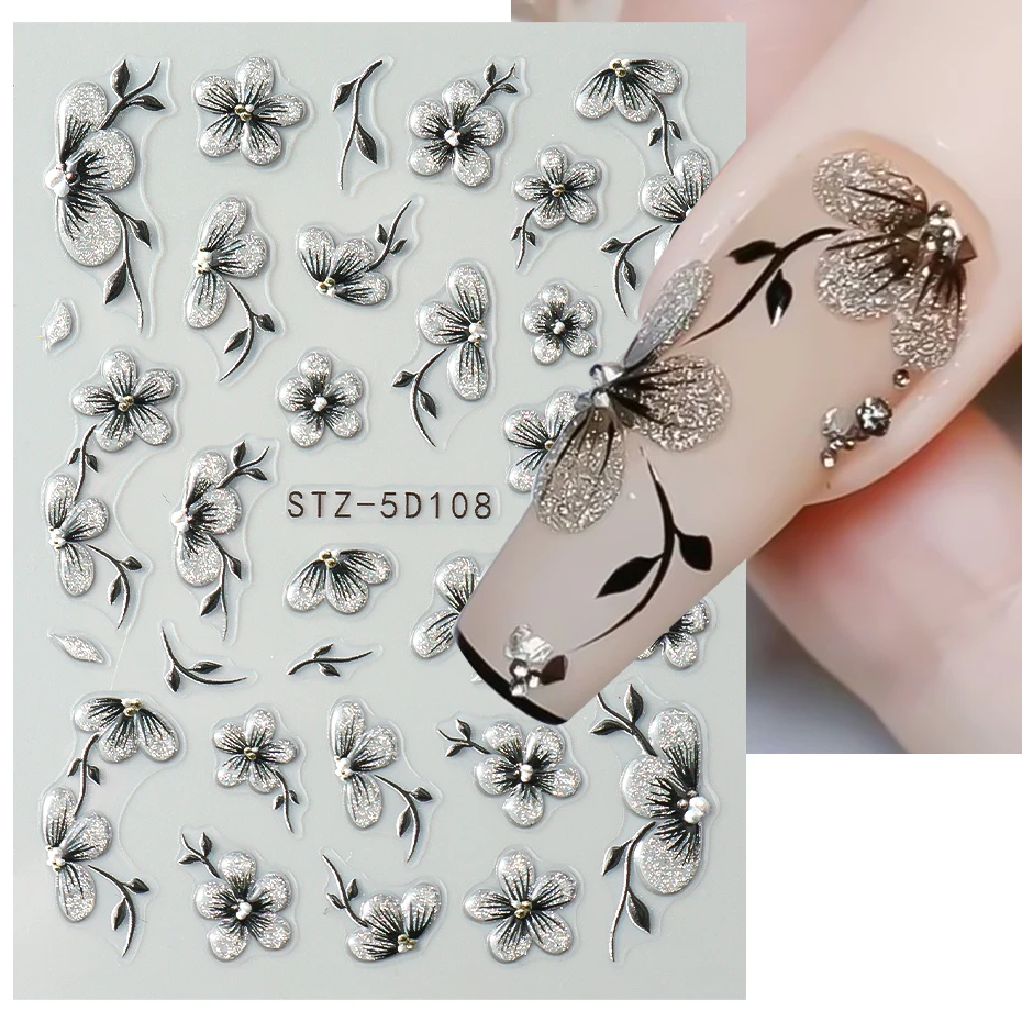 5D Acrylic Glitter Black Flower Nail Art Sticker Decals Watercolor Ink Blooming Floral Leaf Self-adhesive Slider Manicure Decor