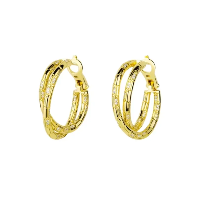 Cameo Fashion Earrings 925 Sterling Silver Yellow Gold-Plated Cubic Zirconia Double Loop Snake Design Jewelry Earrings Hoop