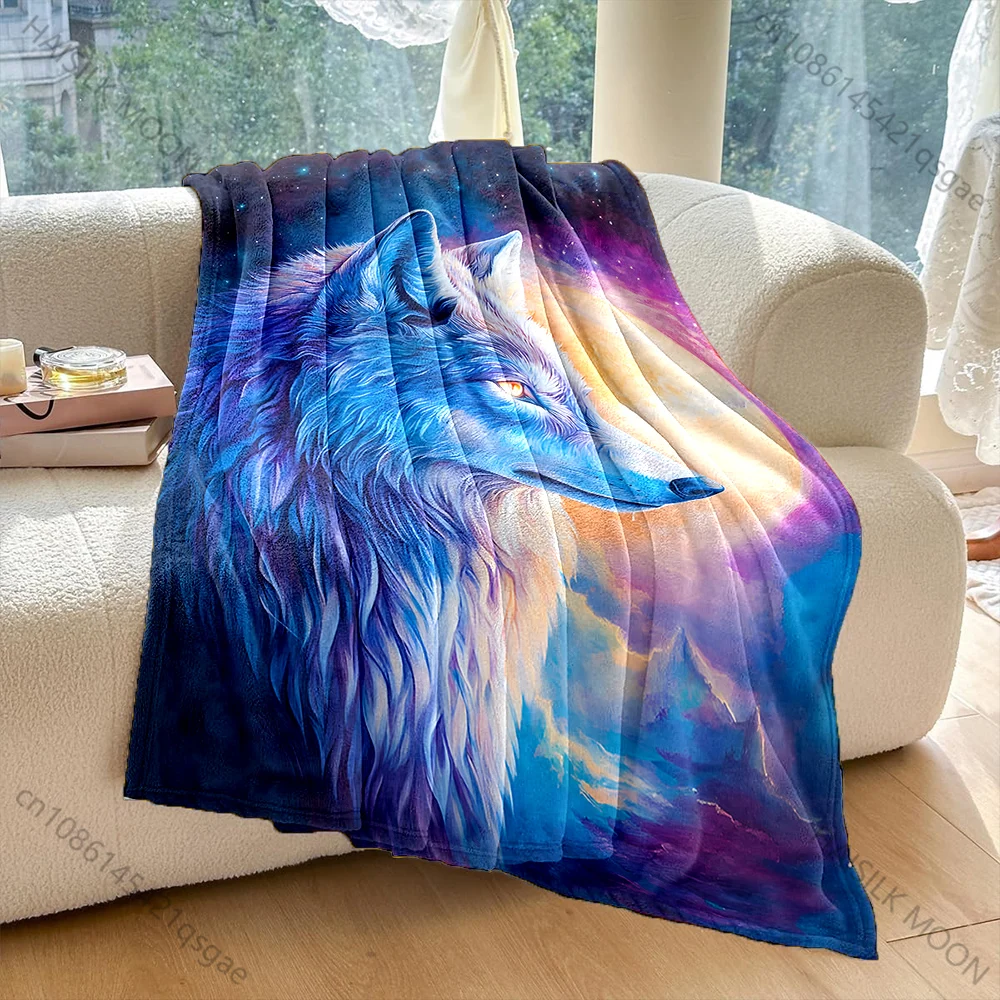 1PC Neon wolf profile full moon Print Adult Children Warm Blankets Home Travel Car Soft Comfortable Suitable for all seasons
