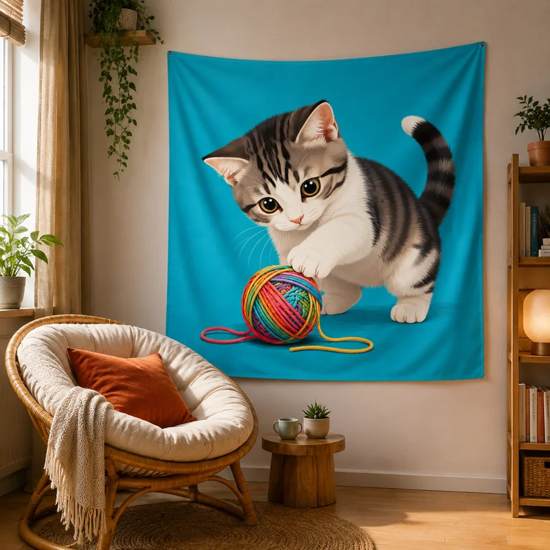 VIKAMA Wabi-Sabi-Style Wall Hanging: Tabby Cat Gazing at a Goldfish Bowl—Wall Decor for a Teen Girl’s Bedroom