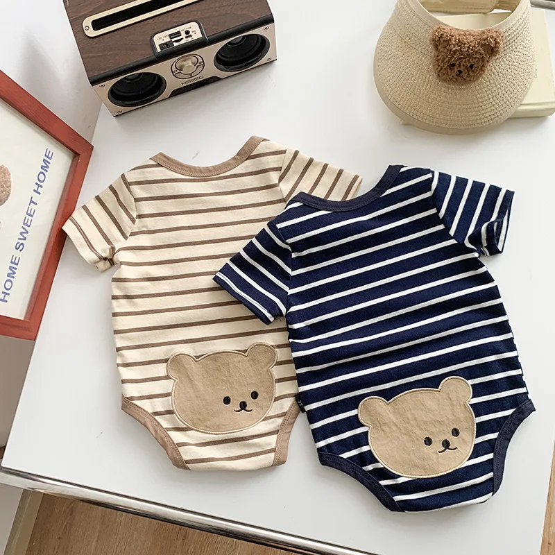 Newborn Short-Sleeve Striped Bodysuit Thin for Summer Boys Cute Cartoon Bear Onesie  Clothing for Twin Infants Trend