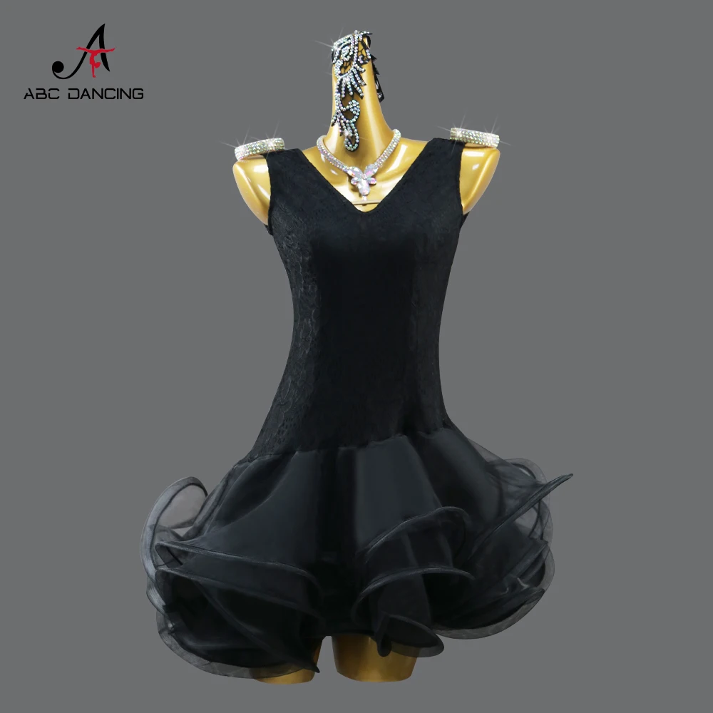 

Black Latin Dance Dress Girl Skirt Competition Female Practice Clothes Women Stage Costume Samba kid's Ball Line Dancewear Party