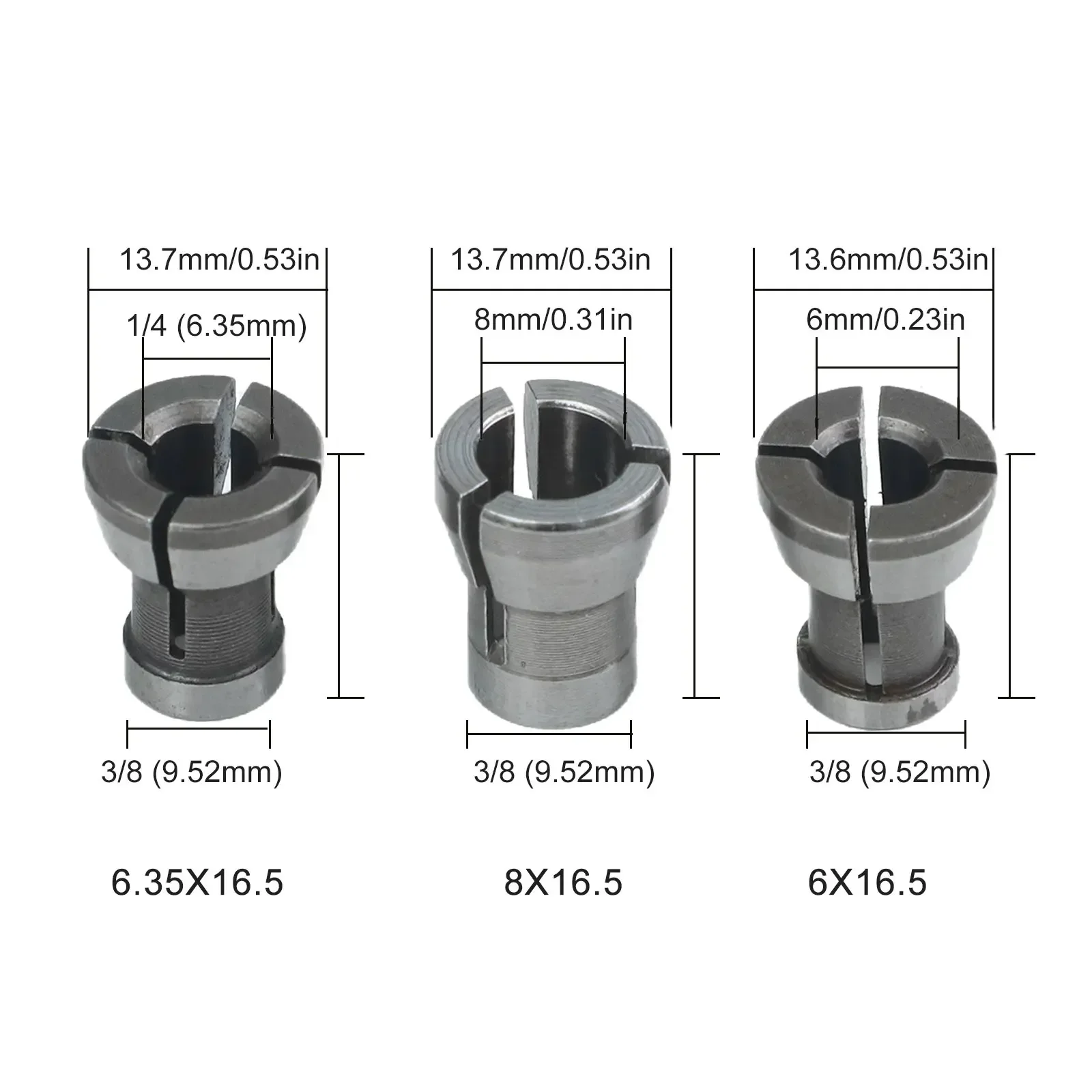 

3pcs Collet Chuck Adapter 6/6.35/8mm Engraving Trimming Machine Electric Router Milling Cutter Router Bits Power Tools Accessory