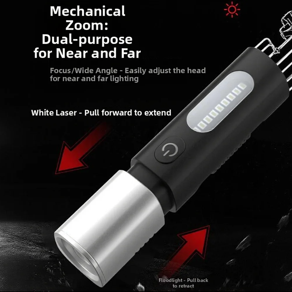 Outdoor Camping Flashlight with 4 Light Modes White Beam and COB Side Light Mechanical Zoom Waterproof for Tent Hook Use