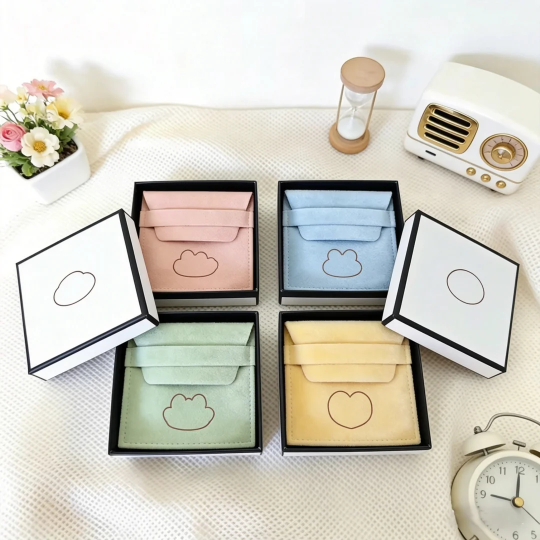 

Earrings Rings Boxes Custom Logo 24/50/100pcs Paper Jewelry Lid Box With Microfiber Velvet Envelope Flap Pouch Necklace Storage