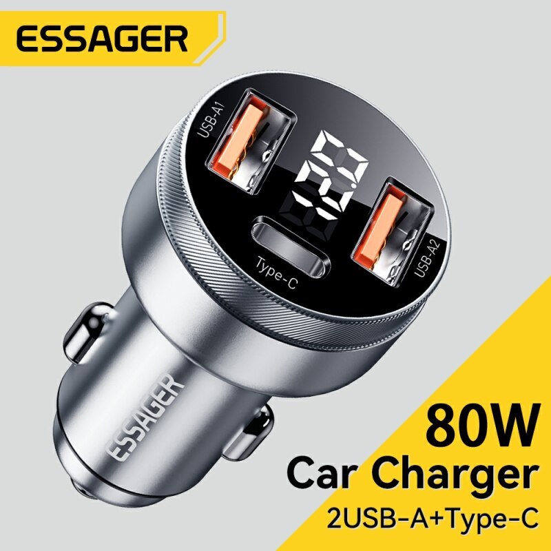  Essage 80W Car Charger USB Type C Dual Port USB Phone Charger PD Fast Charging For iPhone 13 Xiaomi Samsung iPad Laptops Tablets 