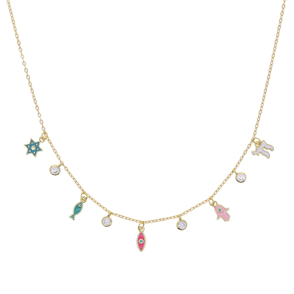 Sign of Life Amulet Jewish Religious Jewelry Gold Color Cute Chai Eye Fish Star CZ Charm Choker Necklace