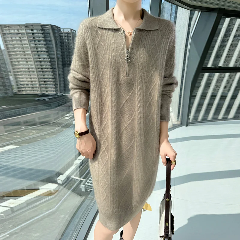 Outono e inverno saia de lã de vison senhoras lapela cor sólida zíper malha torcido pulôver solto casaco de fundo