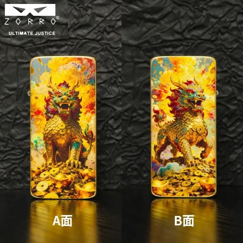 ZORRO Pure Copper Card Style Ultra-thin Kerosine Lighter, Retro Pure Copper Carved Enamel Painted Double-sided Cigarette Lighter view 3