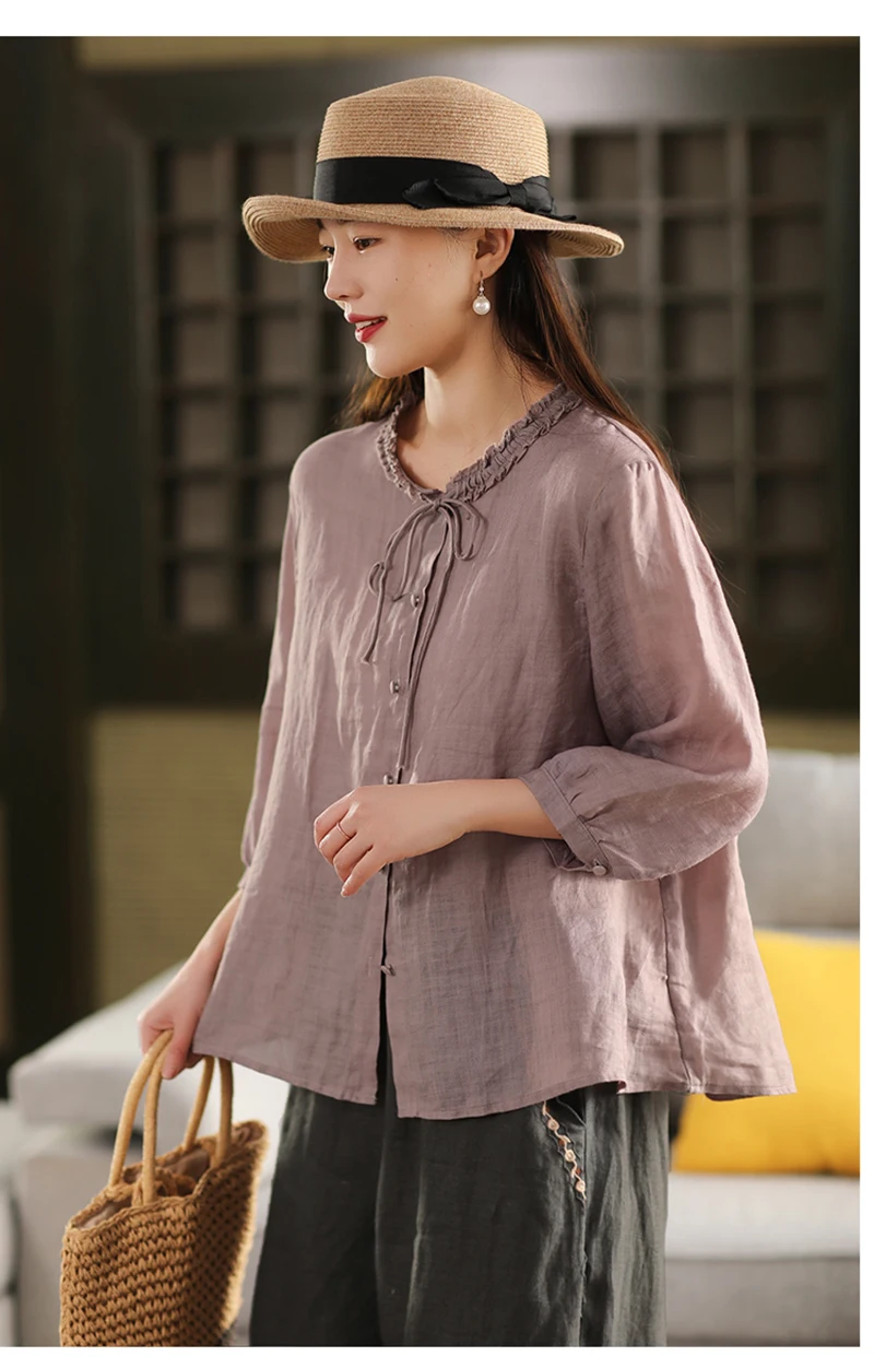 100% Natural Pure Linen Women's Shirt, Light Blue Black Ear Collar Lace-up Top, Elegant Women's Business Casual Spring Summer