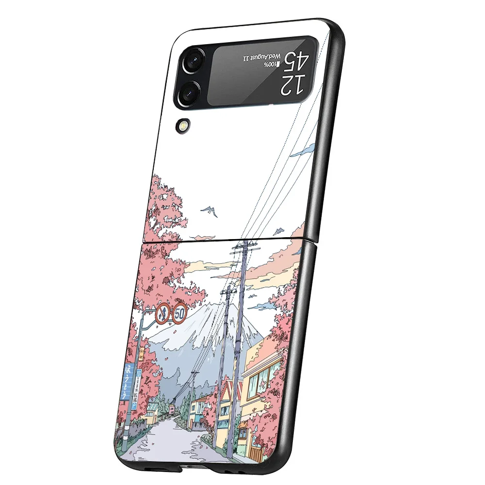 Funda de teléfono con paisaje estético de Anime, carcasa dura negra para Samsung Galaxy Z Flip 6 5 4 3 5G Flip6 Flip5 Flip4 Flip3