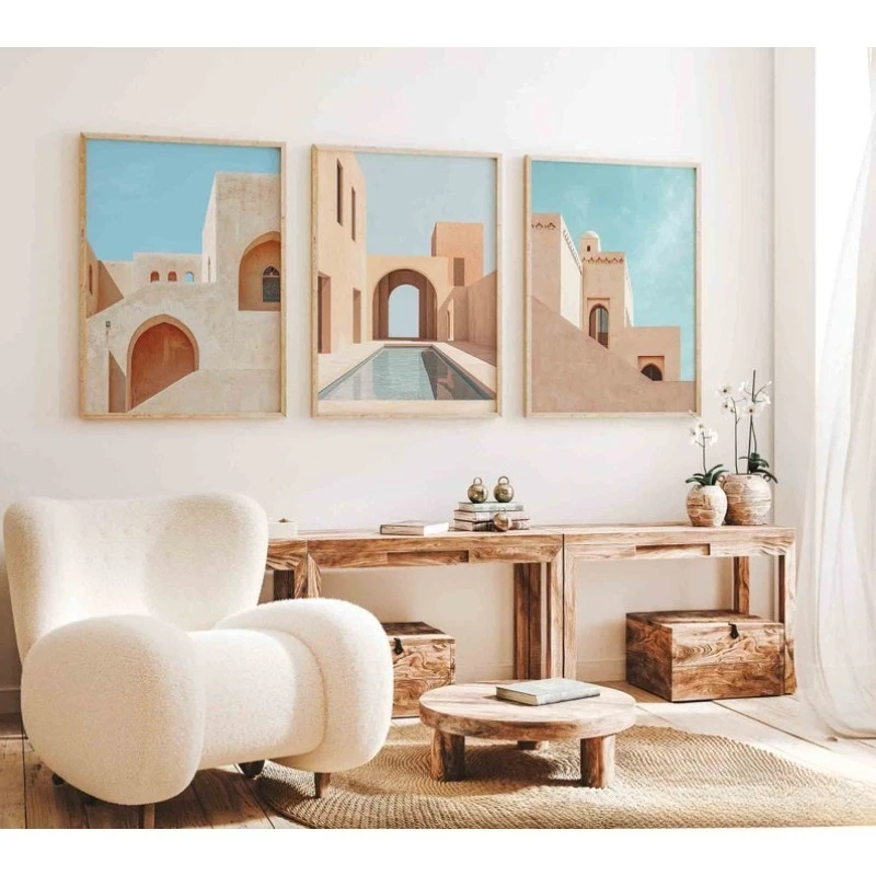 

2D/Flat 3pcs Frameless Neutral Arabic Wall Art Painting, Islamic Architecture Canvas Poster for Living Room and Home Decortions