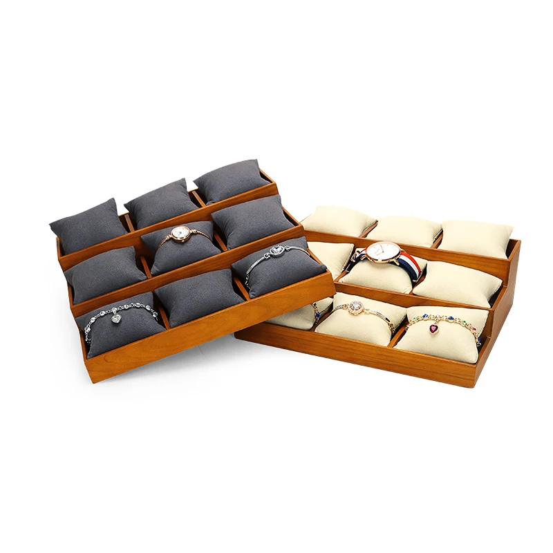 Caja organizadora de relojes de terciopelo de madera, soporte de exhibición de pulsera gris Beige, bandeja de almacenamiento de joyas de madera con 9 ranuras